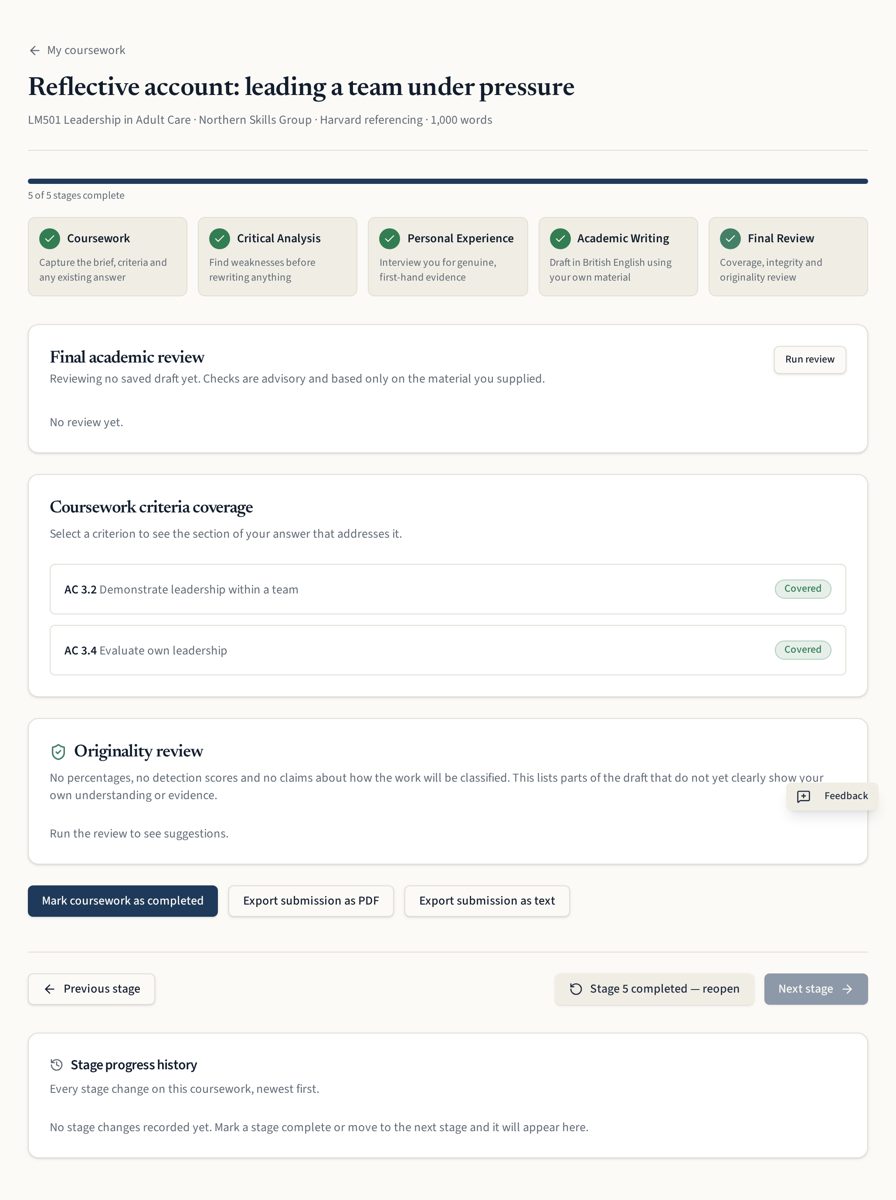 The Final Review stage showing criteria coverage and integrity checks