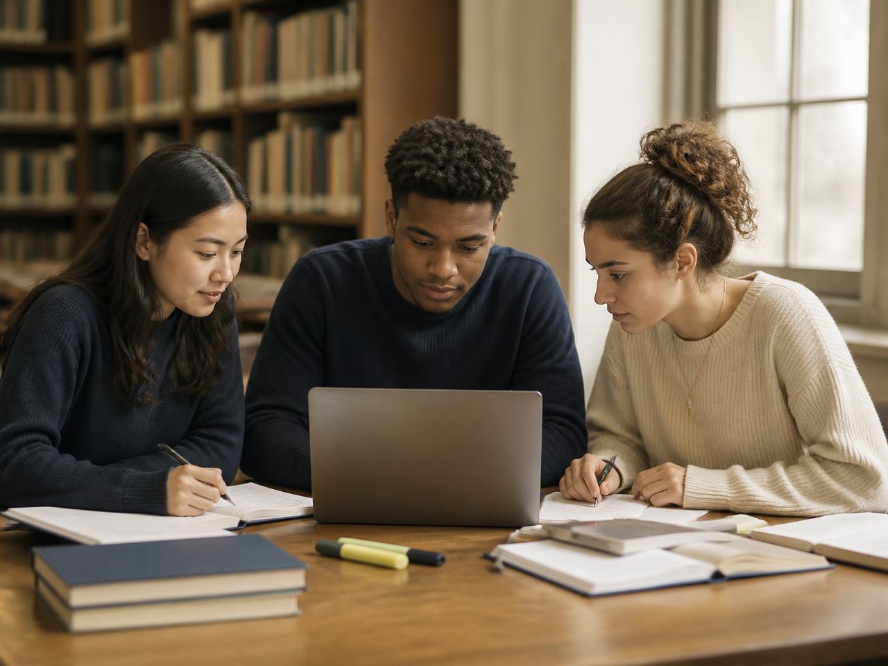 Three university students working through coursework notes together at a library table